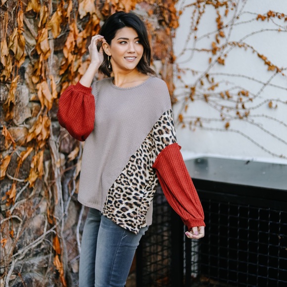 Wild Side Leopard Color-block Waffle Knit Top - Picture 4 of 7